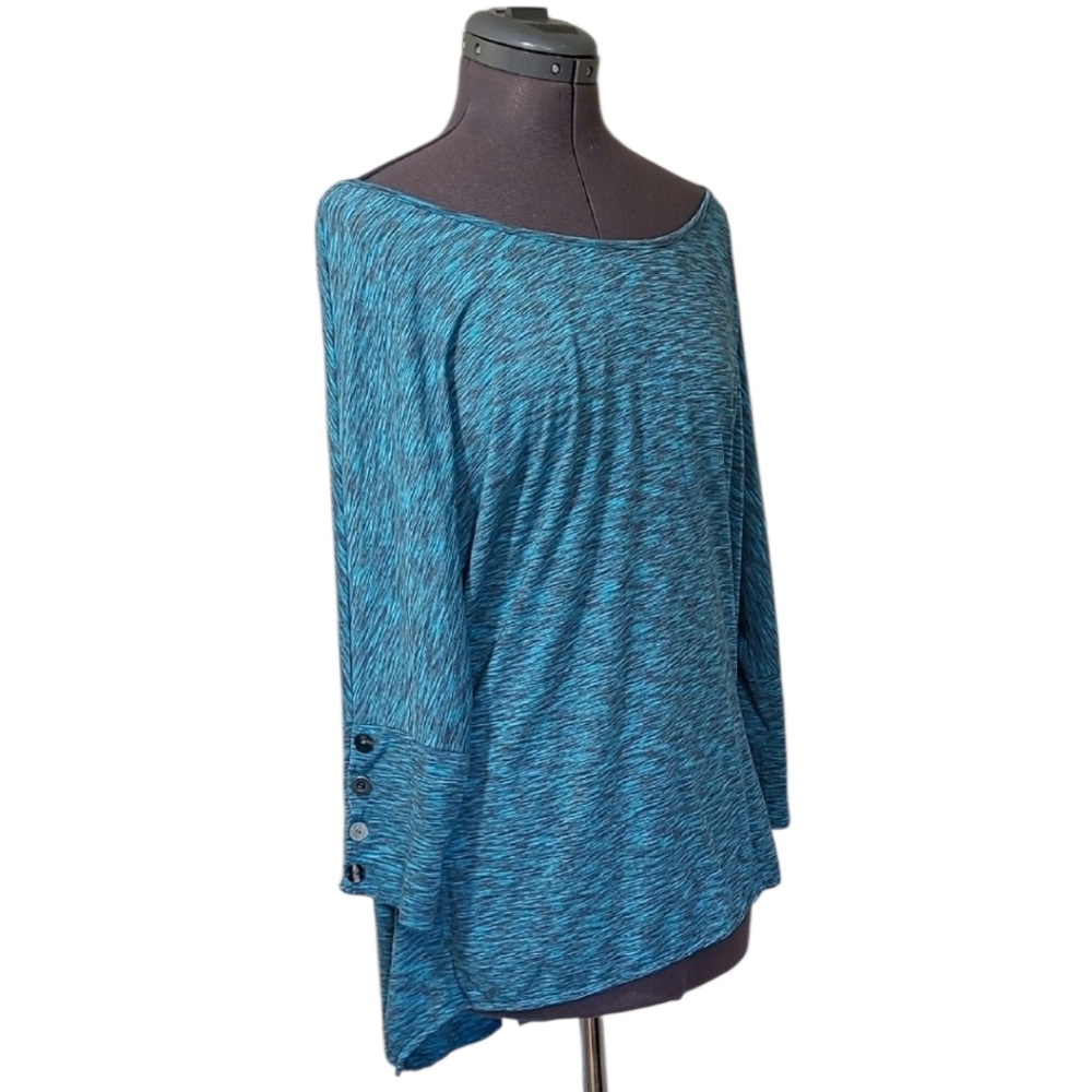 Neon Buddha Blue Heathered Long Doleman Sleeve Top with Button Detail Cuffs